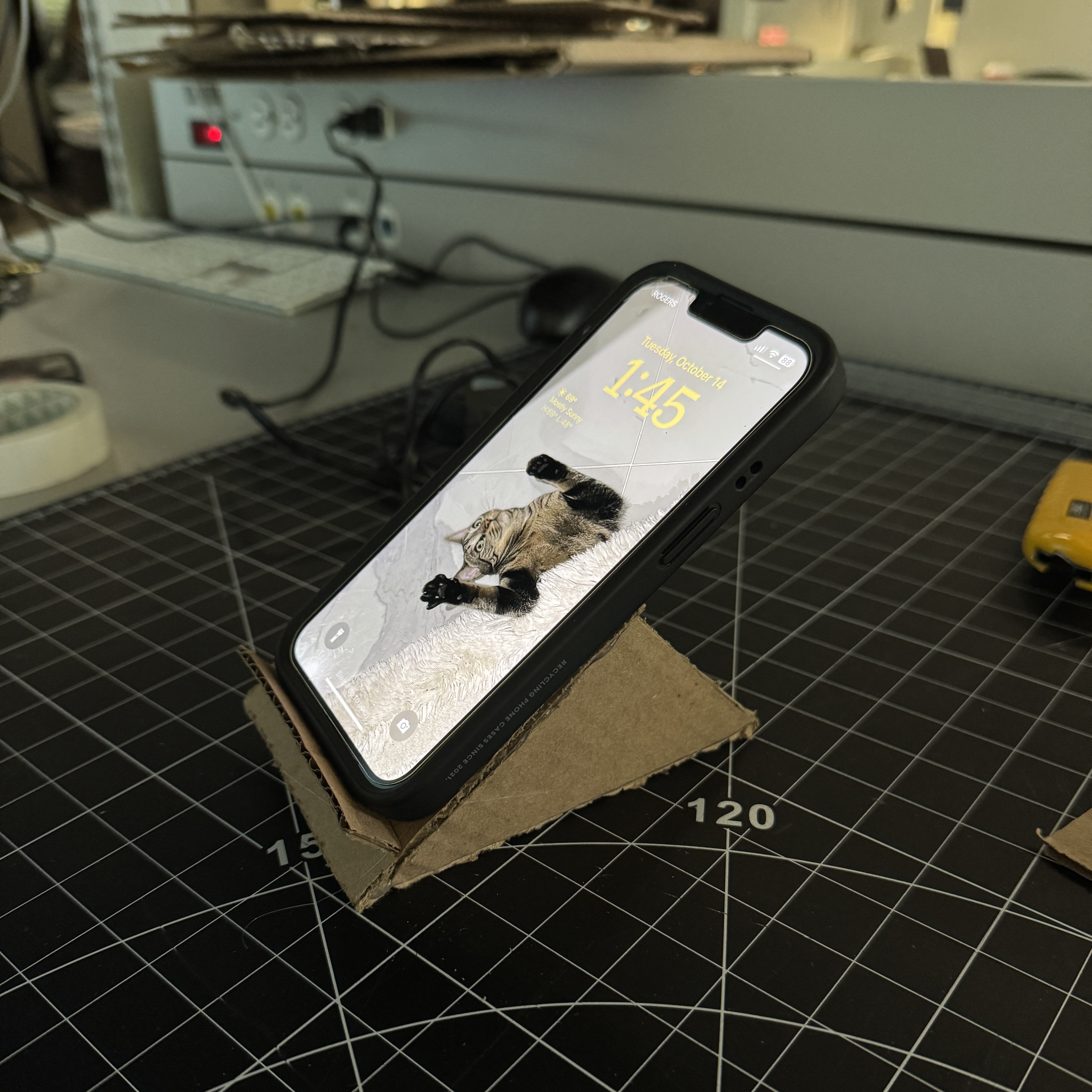 The final phone stand we assembled. It was able to support my phone but it was a little wobbly.